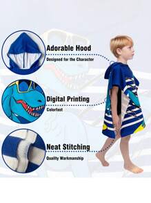 1PC Dinosaur Beach Towel For Boys Girls,  Superfine Fiber Bath Towel Wrap, Cartoon Hooded Towels Bath Robe For Kids, Toddler Pool Towel With Hood - blue dinosaur - View 3