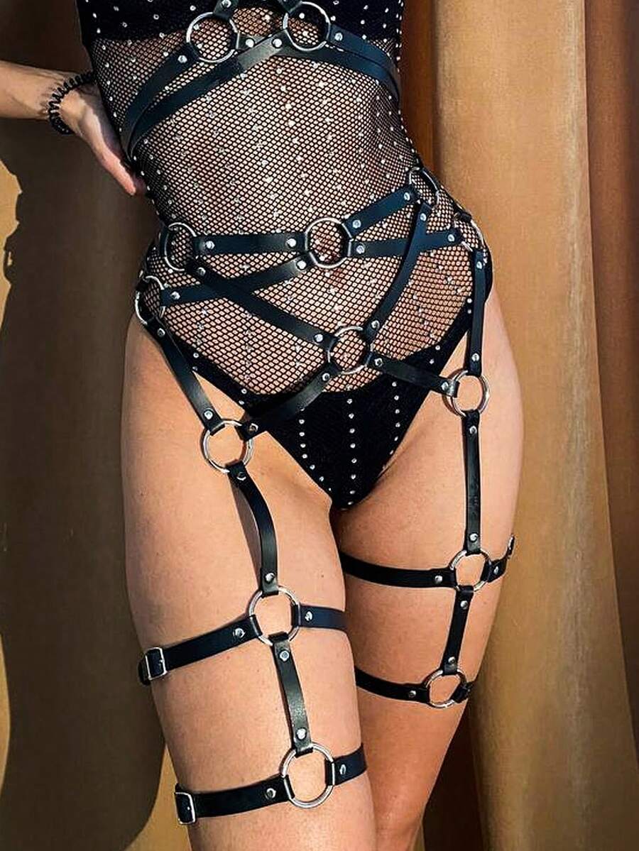 1 Pieza Arnes Para Piernas Doble Sexy Para Mujeres, Adecuado Para Fiestas Góticas - Negro - Ver 1