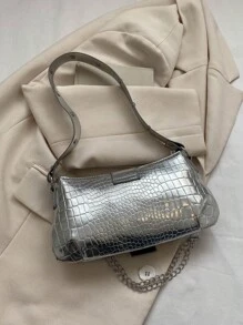 Ladies' New Crocodile-Embossed Metal Chain Shoulder Bag - Silver - View 3
