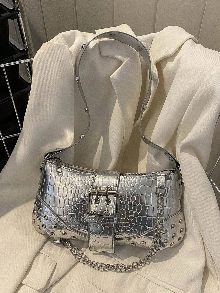 Ladies' New Crocodile-Embossed Metal Chain Shoulder Bag - Silver - View 1