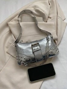 Ladies' New Crocodile-Embossed Metal Chain Shoulder Bag - Silver - View 2