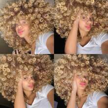 Peluca rizada rubia degradada de 16 pulgadas con flequillo, fibra sintética resistente al calor para disfraz - Degradado - Ver 6