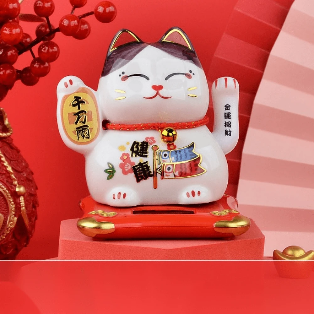 陶瓷太陽系招財貓裝飾人物幸運貓家居裝飾雕塑,太陽能和電池兩用