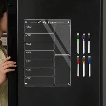 1枚3D亞克力桌面計劃器附白板和磁性冰箱貼紙，耐用乾擦週食譜計劃板，配有6支白板筆