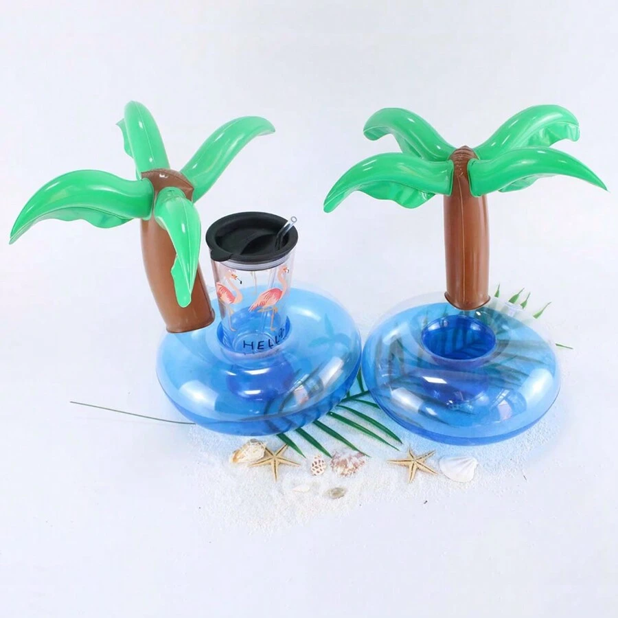 1pc Inflatable Coconut Tree Shaped Beverage Cup Holder Float For Water Fun Pool Accessories, Beach Essentials, Beach Accessories - Blue - View 1