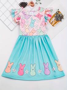 Young Girls' Easter Bunny Printed Color Blocking Dress - Blue - View 1