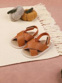 1pair Boys' Solid Color Pu Hook Loop Flat Sandals, Suitable For Spring And Summer