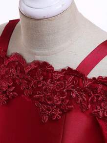 Elegant Satin Lace Waist Bow Decor Dress For Young Girls, Suitable For Birthday Party, Excluding Headband