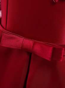 Elegant Satin Lace Waist Bow Decor Dress For Young Girls, Suitable For Birthday Party, Excluding Headband