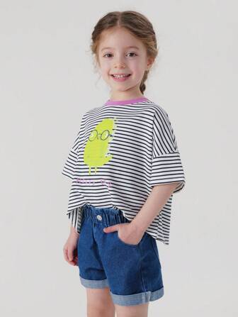 MARC&JANIE Ung flickas fashionabla randiga och tecknade kortärmade T-shirt med rund hals, sommar