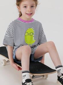 MARC&JANIE 少女時尚條紋和卡通圖案短袖圓領T恤，夏季款 - 藏蓝色 - 查看 4