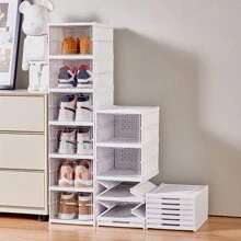 1pc Integrated Folding Shoe Box Installation-Free Can Be Combined And Stacked Dust-Proof Shoe Cabinet Household Transparent Shoe Storage Rack - White - View 1