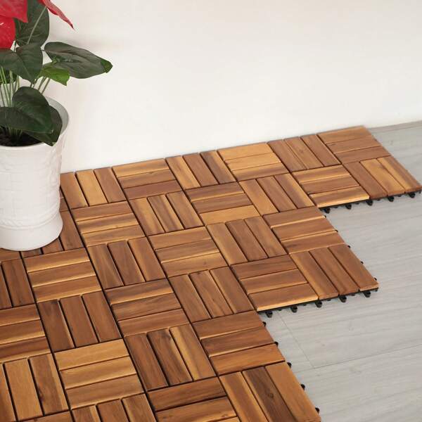 SUNSITT Wood Interlocking Flooring Tiles, Straight Pattern Patio Deck Tiles, 11.8 X 11.8 Inch (Pack Of 10), Solid Wood Acacia Deck Tiles For Garden Indoor Outdoor