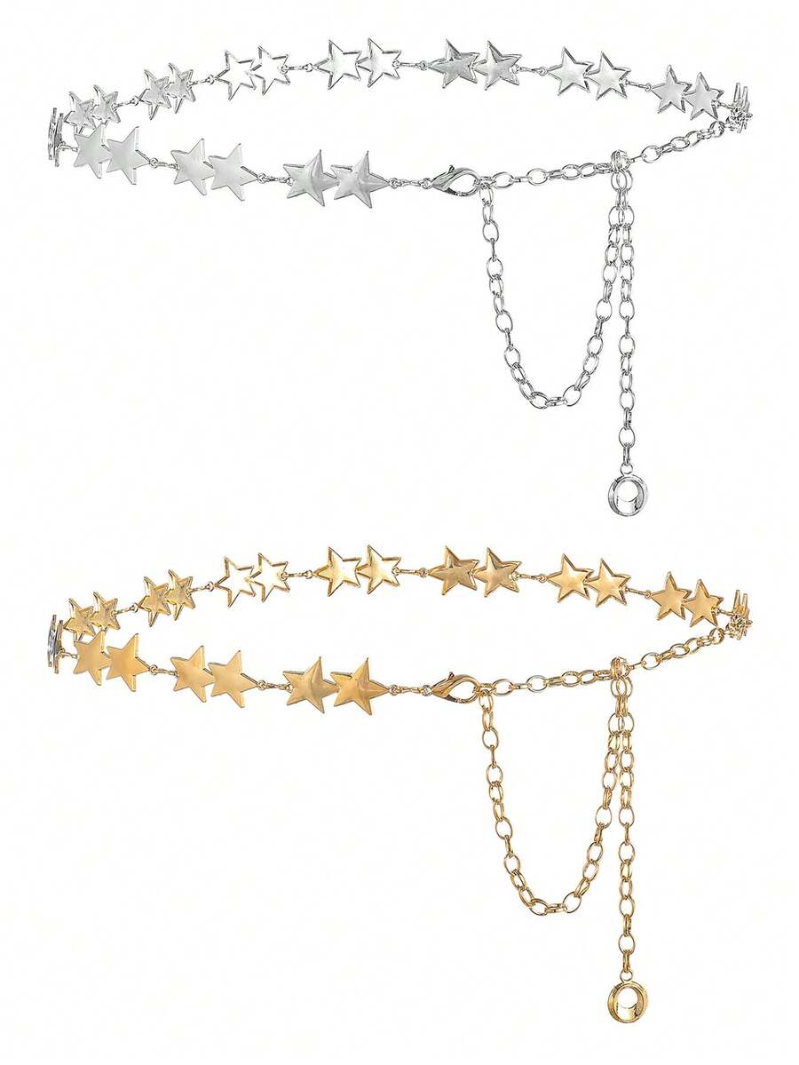 1入組女式肚皮鏈和腰帶,簡單五角星,時尚個性化,可調節海灘身體珠寶,適用於女性和女孩,銀色 - 銀色 - 查看 1