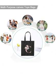 Borsa per la spesa estiva a grande capacità stampata con motivi di lettere, borsa tote casual stampata, zaino alla moda riutilizzabile, borsa multifunzionale, borsa per la spesa in tessuto di tela, borsa tote a stampa di lettere per donne, borsa a tracolla in tela, borsa per la spesa a grande capacità, borsa in tela a motivo semplice e alla moda, borsa per la spesa portatile, borsa a tracolla leggera e multifunzionale