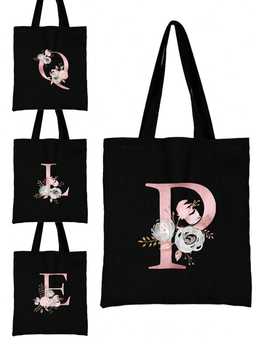 Borsa per la spesa estiva a grande capacità stampata con motivi di lettere, borsa tote casual stampata, zaino alla moda riutilizzabile, borsa multifunzionale, borsa per la spesa in tessuto di tela, borsa tote a stampa di lettere per donne, borsa a tracolla in tela, borsa per la spesa a grande capacità, borsa in tela a motivo semplice e alla moda, borsa per la spesa portatile, borsa a tracolla leggera e multifunzionale