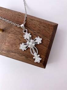 1pc Simple Rhinestone & Faux Pearl Inlaid Cross Pendant Stainless Steel Chain Necklace For Women And Men, Daily Wear