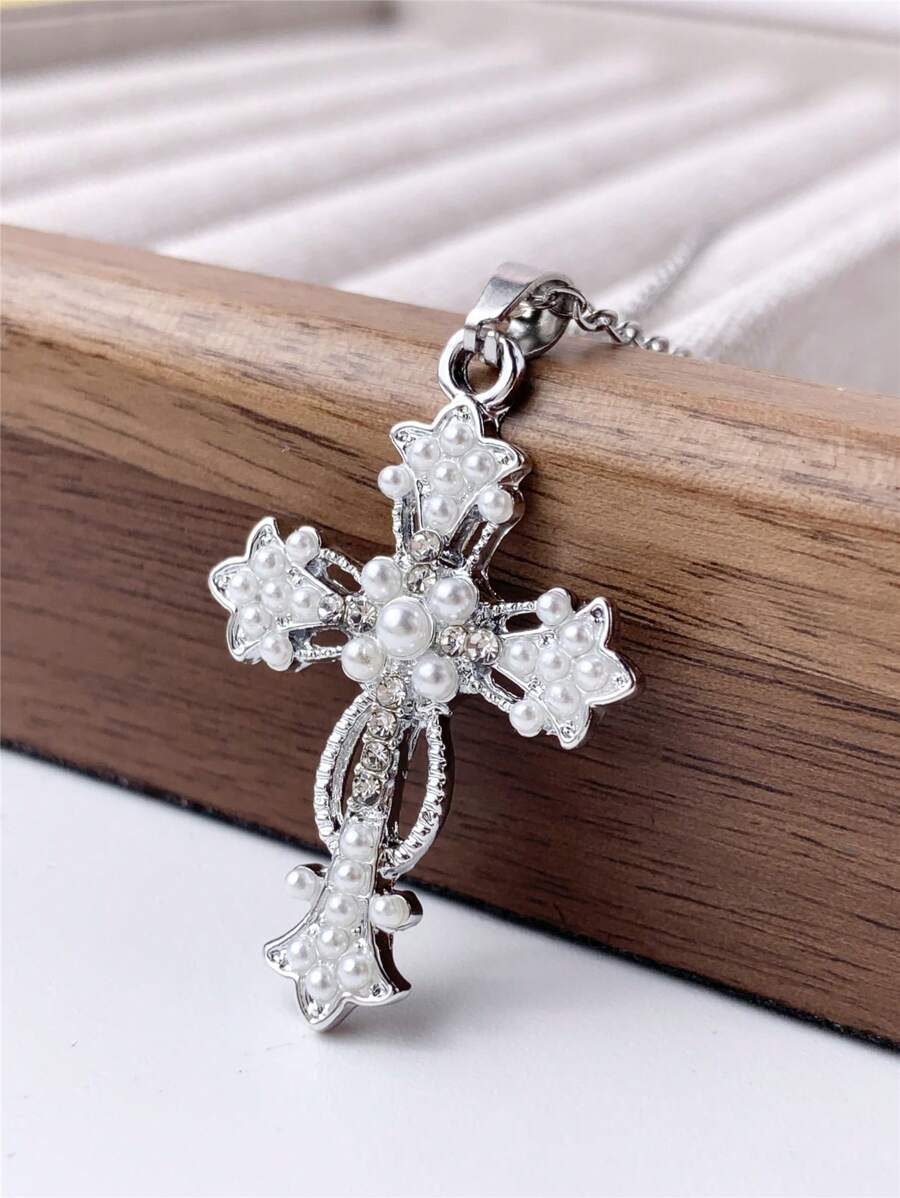 1pc Simple Rhinestone & Faux Pearl Inlaid Cross Pendant Stainless Steel Chain Necklace For Women And Men, Daily Wear