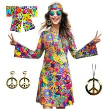 5PCS 70s 80s Hippie Dress Costumes Necklace Earrings Women Disco Outfit, 60s Party Costume, Party Retro Dresses Prom Halloween