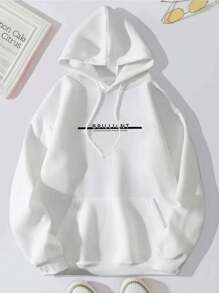 Hombres Capucha con estampado de letra con bolsillo de canguro con cordón - Blanco - Ver 1