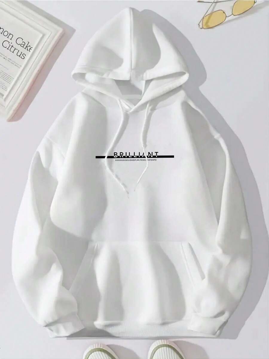 Hombres Capucha con estampado de letra con bolsillo de canguro con cordón - Blanco - Ver 1