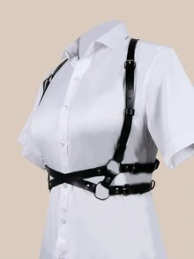 1條女士黑色時尚雙層交叉腰帶,配有pu皮革、肩帶和扣子,適合日常穿著和裝飾 - 黑色 - 查看 4