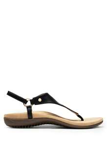 Women's Flat Sandals, Walking Sandals With Arch Support 0.78-Inch Heel Comfortable Soft Cushion Summer Casual T-Strap Thong Sandals Shoes - 黑色 - 查看 8