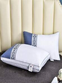 1 pieza Almohada de plumas de ganso con color rojo y empalme, funda de almohada de doble cara con núcleo de almohada 3D, ropa de cama - Azul y blanco - Ver 4