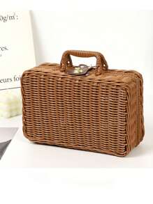 Bolso de tote de picnic compacto vintage, equipaje de almacenaje retro, caja organizadora de accesorios de fotografía, canasta de almacenaje de ratán, caja de regalo - Caqui - Ver 4