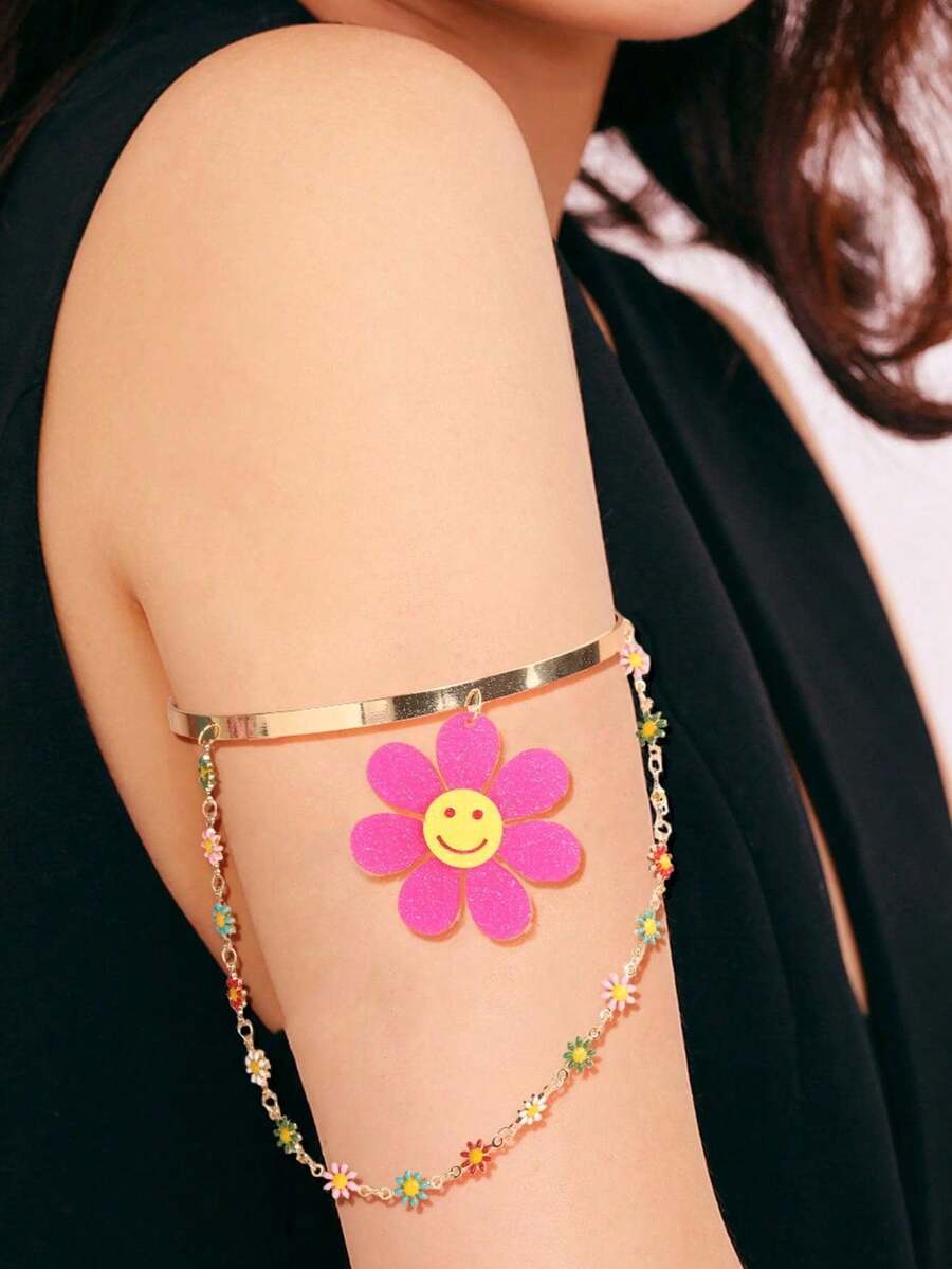 JAYSUING 1入女性復古花卉與鏈條細節手臂袖口,可愛時尚的飾品 - 彩色 - 查看 1