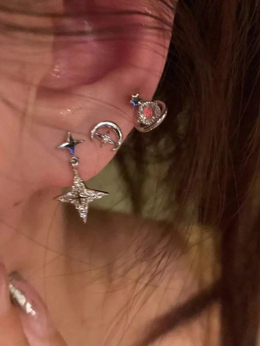 Sparkling Star & Moon Shaped Ear Studs For Women, Fashionable And Versatile Jewelry With High-End And Unique Design