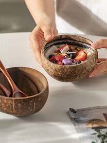 帶匙儲酸奶碗,木製甜點水果沙拉碗,適用於家庭早餐燕麥片,天然椰殼碗 - 棕色 - 查看 7