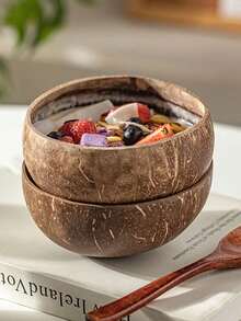 帶匙儲酸奶碗,木製甜點水果沙拉碗,適用於家庭早餐燕麥片,天然椰殼碗 - 棕色 - 查看 6