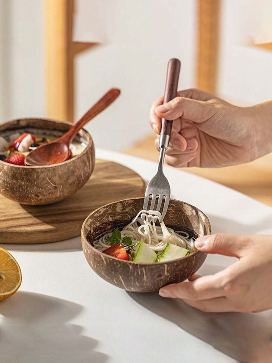 帶匙儲酸奶碗,木製甜點水果沙拉碗,適用於家庭早餐燕麥片,天然椰殼碗 - 棕色 - 查看 1