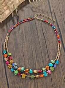 1pc Bohemian Double Layered Colorful Chip Shell & Beaded Necklace
