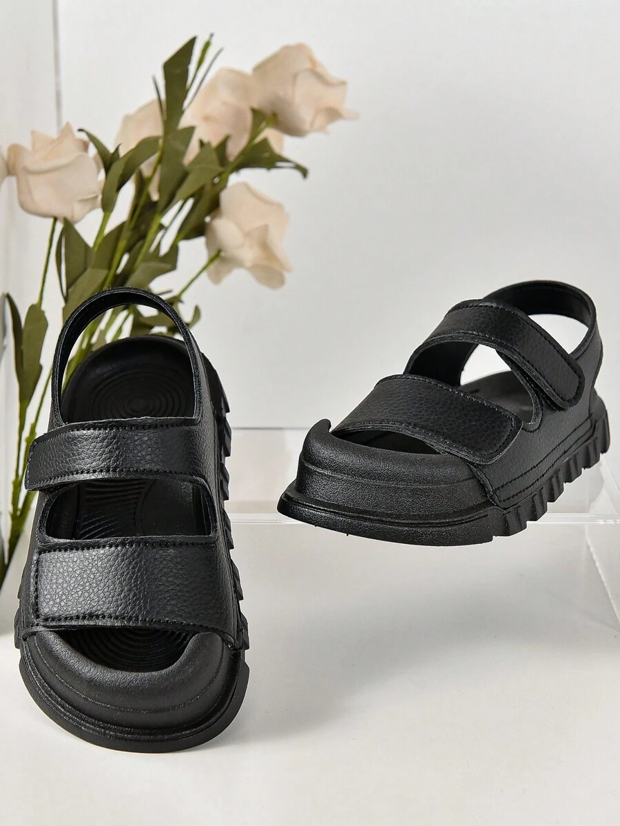 One Pair Of White Exquisite Pu Hook-And-Loop Sports Sandals For Kids, Simple Style But Nice, Suitable For Summer - Black - View 1