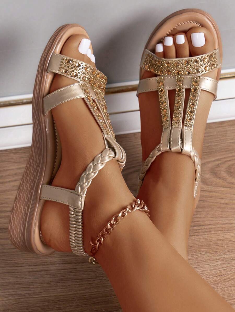 Bohemian Rhinestone Women's Sandals, Comfortable And Non-Slip Beach Shoes - Gold - View 1