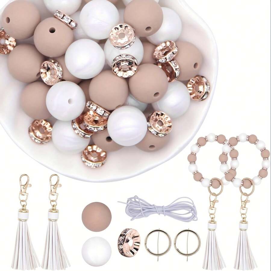 61pcs Brown Silicone Bead Keychain Making Kit With Tassel, Spacers And Keyring For Diy Bracelet Necklace Crafts - Brown - View 1
