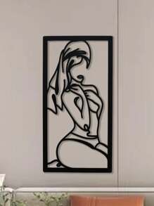 1 pièce Décoration murale artistique en métal avec lignes et courbes, représentant une femme avec une jambe pliée et une expression timide, 45x23cm, canevas, affiche