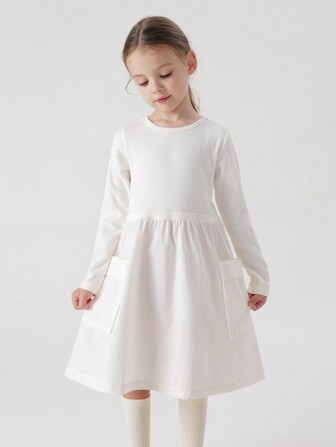 MARC&JANIE 春季青少女圓領長袖連衣裙，配有大口袋