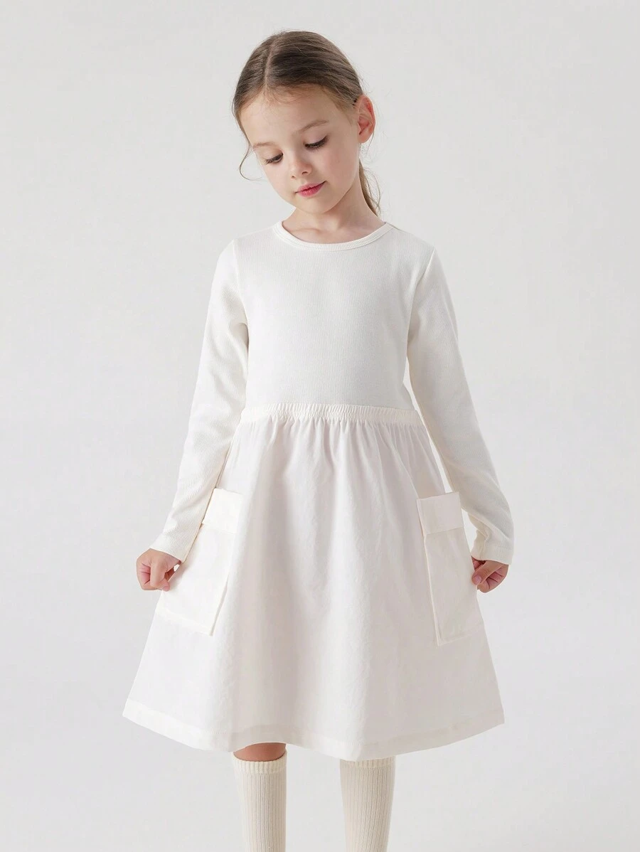 MARC&JANIE 春季青少女圓領長袖連衣裙，配有大口袋 - 白色 - 查看 1