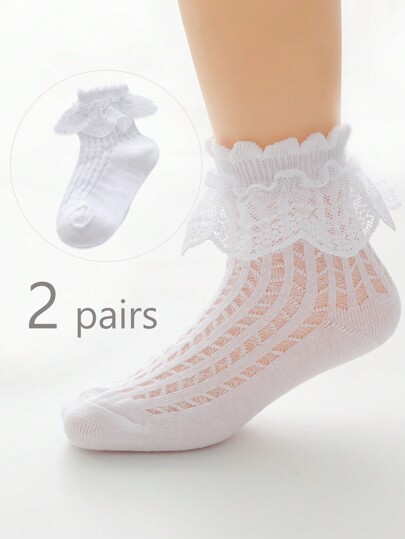 2 Pairs Girls Soft & Breathable White Princess Style Children Socks, Versatile For Daily Wear, Spring/Summer