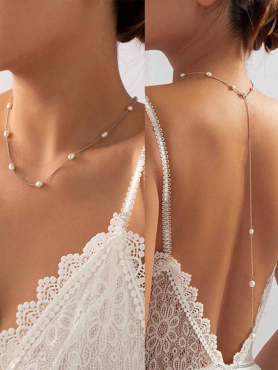1pc Simple Beach Faux Pearl Back Chain Body Jewelry - Bạc - Xem 1