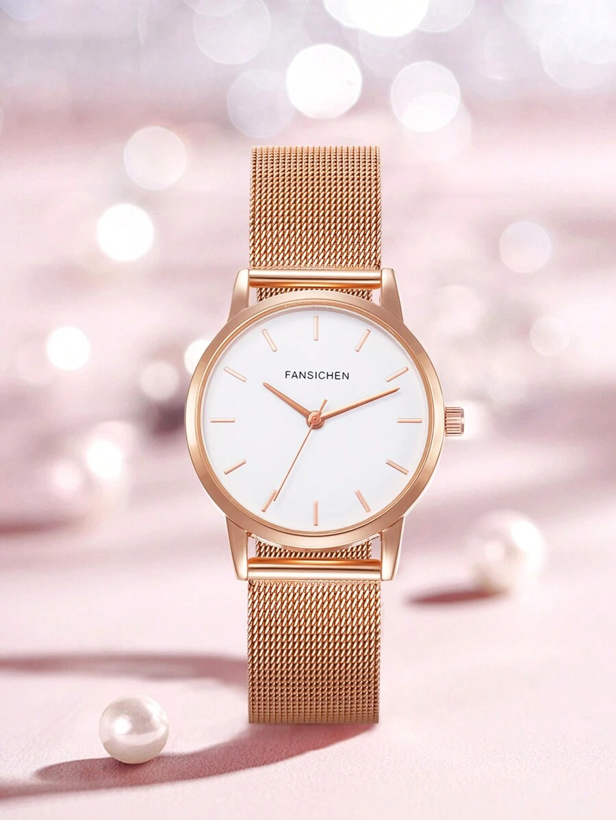 FANSICHEN 1只女式玫瑰金手錶,極簡時尚的米蘭不銹鋼表帶,矩形標記石英手錶 - 玫瑰金 - 查看 1