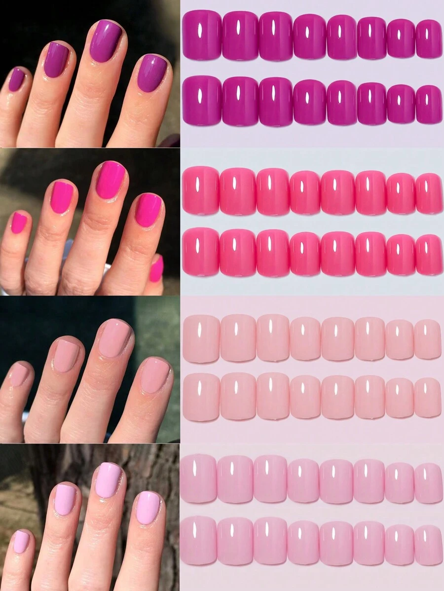 VV MEI JIA ER 96入組（粉紅/玫瑰紅/嬰兒粉/淺粉四色組合）短正方形多彩壓克力假指甲，全覆蓋有光澤膠假指甲，小指甲禮盒，附贈貼花，指甲用品