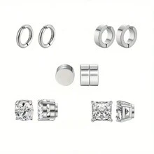 Bộ 10 bông tai đinh tán từ tính bằng thép không gỉ - Khảm, Không xỏ khuyên, Unisex, Thời trang, Hoàn hảo để làm quà tặng - Bạc - Xem 11