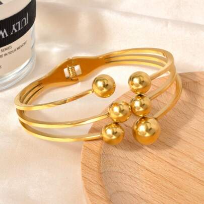 1pc Fashionable 18K Gold Plated Stainless Steel Bangle Bracelet With Interlocking Spheres For Women's Everyday Wear
