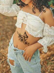 STARTTOOS 1pc Black Butterfly & Daisy Pattern Large Temporary Tattoo Sticker For Chest, Back, Abdomen,Sketch Style - Black - View 4