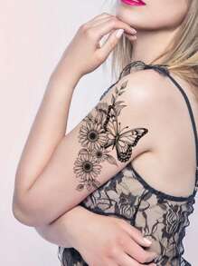 STARTTOOS 1pc Black Butterfly & Daisy Pattern Large Temporary Tattoo Sticker For Chest, Back, Abdomen,Sketch Style - Black - View 2