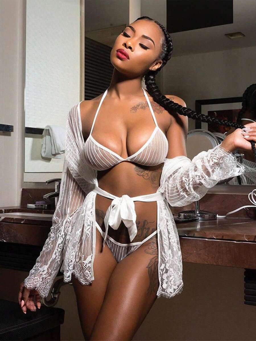 Conjunto de bikini de encaje con abertura de tres puntos 3PZS - Blanco - Ver 1